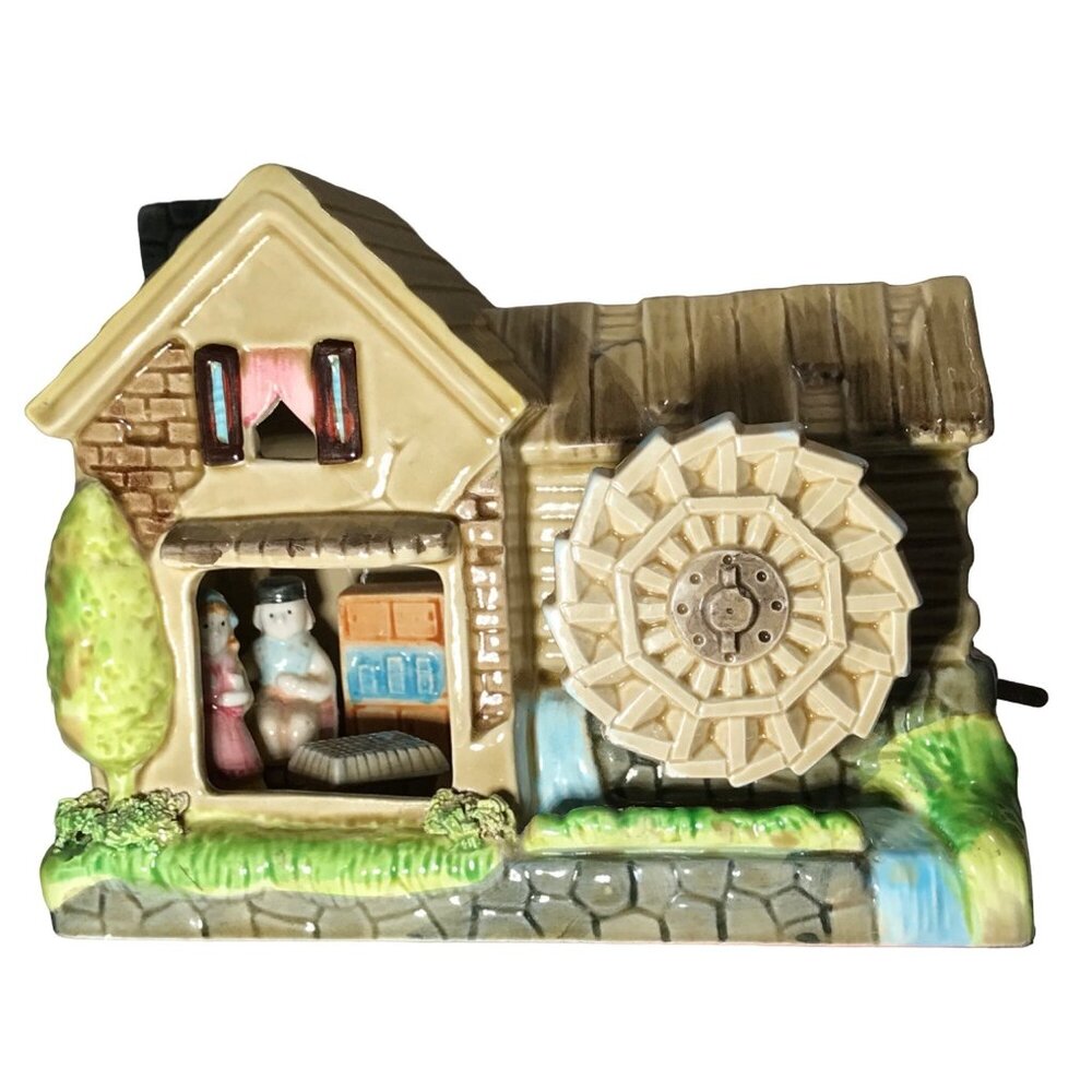 VTG DUTCH PORCELAIN COTTAGE MUSIC BOX WATER MILL WHEEL SPINS WHILE PLAYS MUSIC B